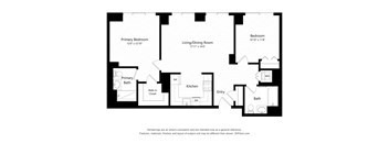 A black and white image of a floor plan for a home with a primary bedroom, living/dining room, kitchen, bathrooms, and a walk-in closet.