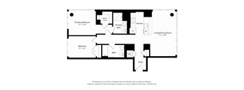 A black and white floor plan of a home with a primary bedroom, a living/dining room, a kitchen, a bath, and an entry.