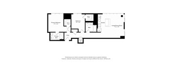A black and white floor plan of a house with a primary bedroom, bath, kitchen, and living/dining room.