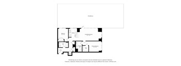 A floor plan of a Patioalkony apartment with a living room, two bedrooms, a bathroom, a kitchen, an entry, and a primary bedroom.