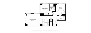 A black and white floor plan of a house with a living/dining room, kitchen, two bathrooms, and two bedrooms.