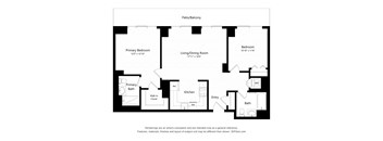 A black and white floor plan of a house with a living room, kitchen, two bathrooms, and two bedrooms.