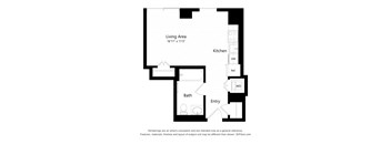 A floor plan of a small apartment with a living area, kitchen, bath, and entry.