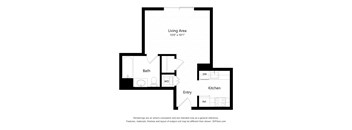 A floor plan of a small apartment with a living area, kitchen, bathroom and entry.