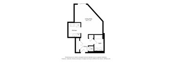 A drawing of a house layout with a living area, kitchen, bath, and entry.
