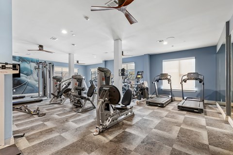 A spacious gym with a variety of equipment including treadmills, elliptical machines, and a rowing machine.