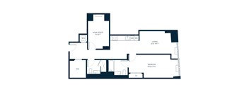 A floor plan of a home office, living area, and bedroom with dimensions.