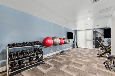 A room with a blue wall and a rack of dumbbells.