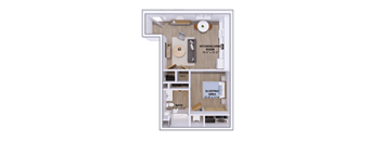 A floor plan of a small apartment with a kitchen, living room, and bathroom.