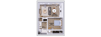 A floor plan of a small apartment with a kitchen, living room, bathroom, and sleeping area.