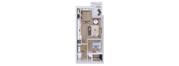 A floor plan of a small apartment with a kitchen, living room, and bathroom.