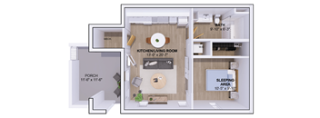 A floor plan of a house with a kitchen, living room, and bathroom.