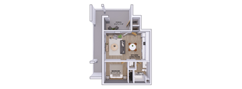 A floor plan of a small apartment with a kitchen, living room, and bathroom.