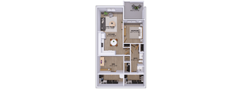 A floor plan of a small apartment with a living room, kitchen, bedroom, bathroom, and storage space.