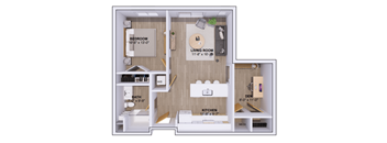A diagram of a small apartment layout with a bedroom, living room, kitchen, bathroom, and den.