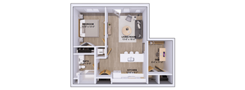 A diagram of a small apartment with a bedroom, living room, kitchen, bathroom, and den.