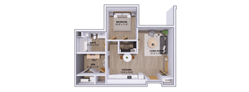 A diagram of a small apartment layout with a bedroom, living room, kitchen, and bathroom.
