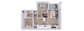 A floor plan of a small apartment with a living room, kitchen, bedroom, and bathroom.