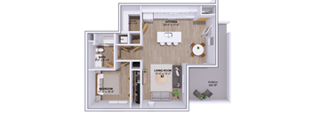 A floor plan of a house with a living room, kitchen, two bathrooms, a bedroom, and a porch.