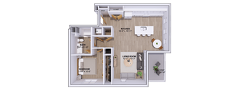 A floor plan of a small apartment with a bedroom, living room, kitchen, and bathroom.