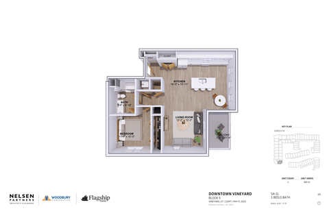 A floor plan of a one bedroom apartment with a living room and kitchen area.