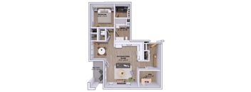 A floor plan of an apartment with a bedroom, bathroom, kitchen/living room, and balcony.