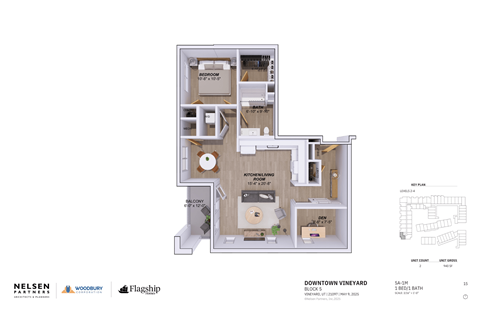 A floor plan of a one bedroom apartment with a kitchen and living room.