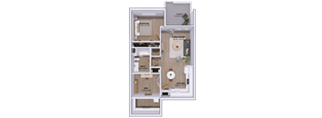 A floor plan of a one bedroom apartment with a living room, kitchen, bathroom, den, and bedroom.