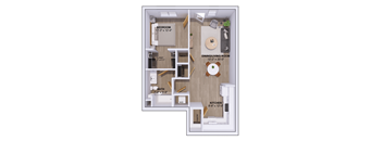 A floor plan of a small apartment with a bedroom, bathroom, kitchen, dining/living room, and closet.