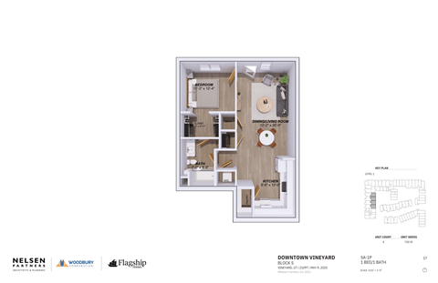 A floor plan of a one bedroom apartment with a kitchen and bathroom.