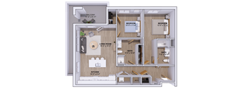 A floor plan of a two-bedroom apartment with a living room, kitchen, and bathrooms.