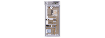 A floor plan of a small apartment with a kitchen, living room, bathroom, and bedroom.