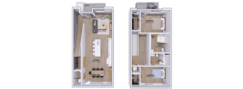 A floor plan of a two-bedroom apartment with a living room, kitchen, dining area, and bathroom.