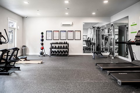 a gym with weights and cardio equipment on the floor and a wall of posters at The Farmstead, Washington, 98684