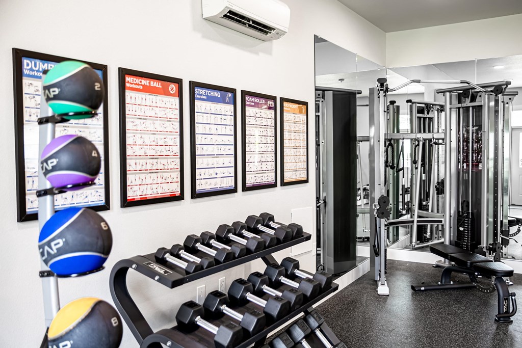 a gym with weights and mirrors and posters on the wall at The Farmstead, Vancouver, WA 98684