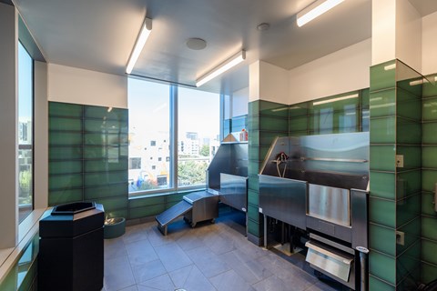 A kitchen with green tiled walls and stainless steel appliances.