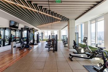A gym with a variety of equipment including treadmills, stationary bikes, and weight machines.