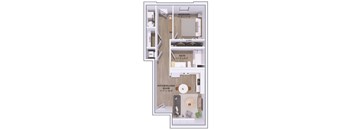 A floor plan of a small apartment with a bedroom, bathroom, kitchen/living room, and closet.
