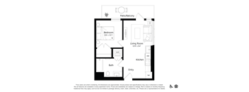 A floor plan of a small apartment with a living room, kitchen, bath, and bedroom.