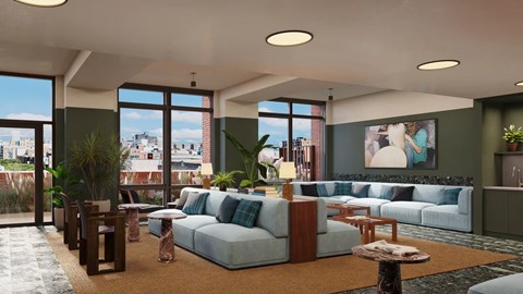 A modern living room with a large window overlooking the city.