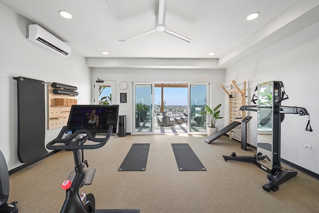 two treadmills and yoga mats in a gym with a door to a balcony