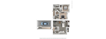 A floor plan of a house with a garage and a car.