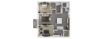 a 3d floor plan of a bedroom with a desk and a chair