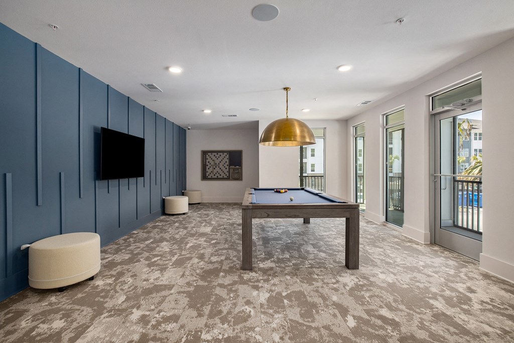 a game room with a pool table and a tv