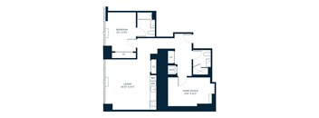 A floor plan of a home with a living area, two bedrooms, a home office, and a garage.