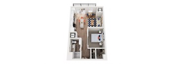 A top down view of a small apartment with a kitchen, living room, and bathroom.