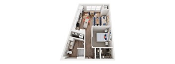 A top down view of a small apartment with a kitchen, living room, and bathroom.