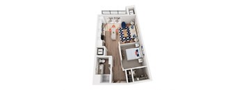 A top down view of a small apartment with a kitchen, living room, and bathroom.