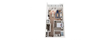 A top down view of a small apartment with a kitchen, living room, and bedroom.