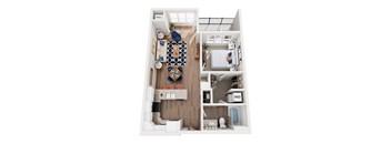 A top down view of a small apartment with a kitchen, living room, and bathroom.